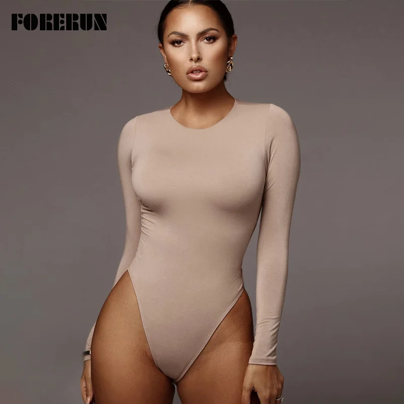 FORERUN облегающий боди с длинным рукавом женский комбинезон 5 цветов круглым