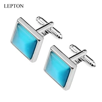 low key luxury light blue stone cufflinks for mens lepton high quality square opals cufflink relojes gemelos drop shipping