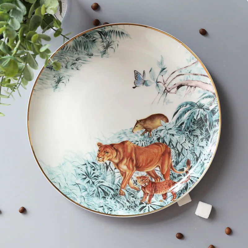 Lion Design Dish Gold Rim Main Plate Circular Ceramic Animal Forest Series Tableware Food Tray French Dishes 8/10inch | Дом и сад
