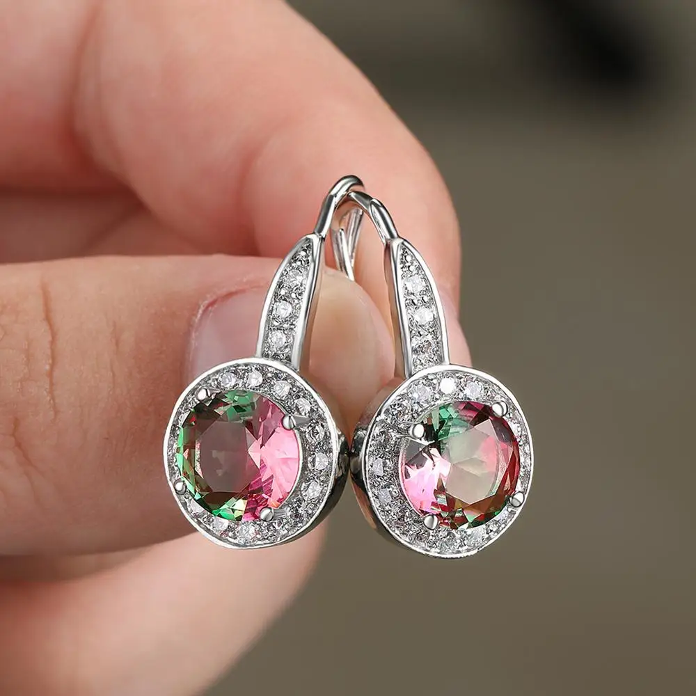 

Luxury Female Rainbow Crystal Drop Earrings Vintage Silver Color Wedding Jewelry Round Zircon Dangle Earrings For Women