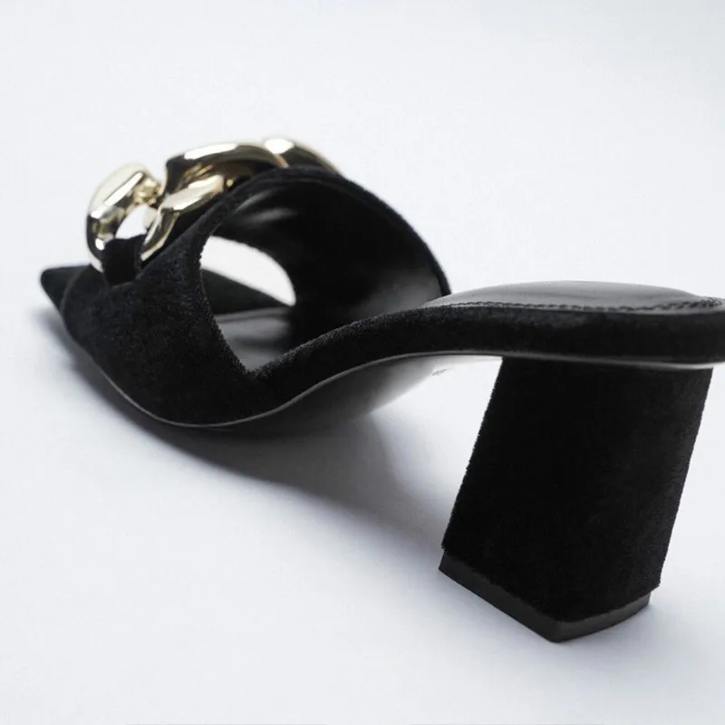 

High Heels Women Sandals Summer New Black Chain Decorated Velvet Thick-heeled Square Toe Shoes Woman Large Size Sandalias Mujer