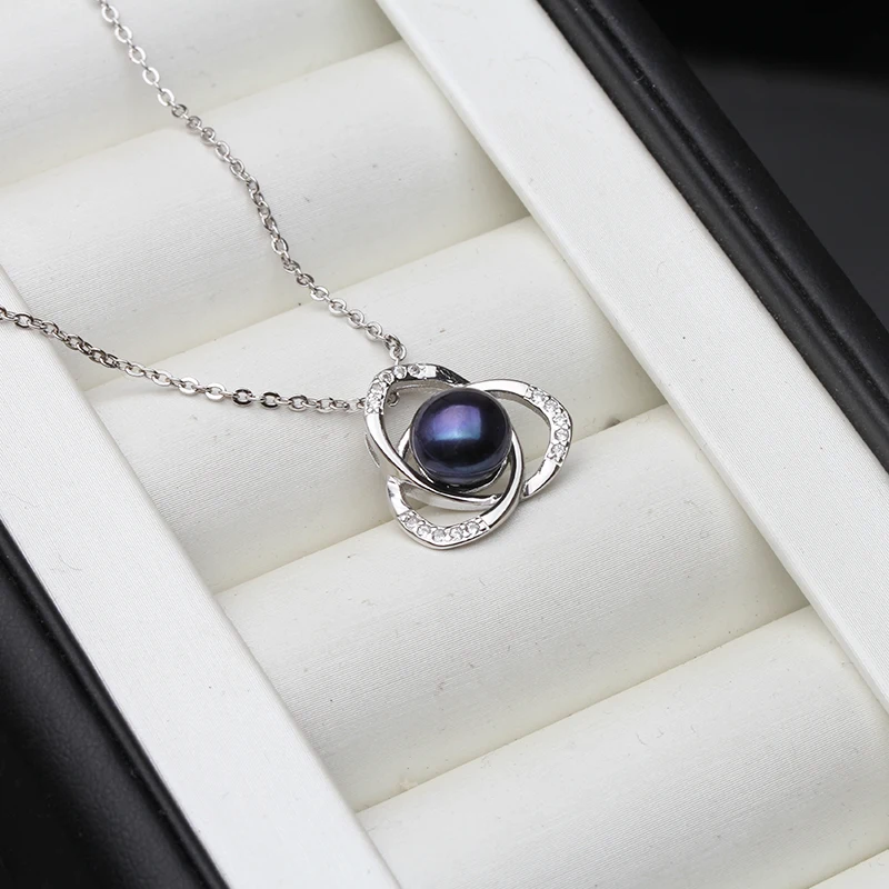 Женское ожерелье с подвеской из натурального черного жемчуга кулон серебра 925