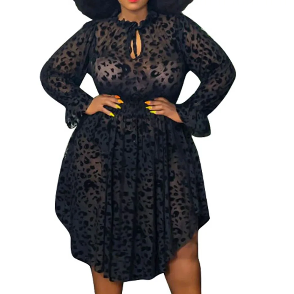 

2021 Oversize Women's Dress Net Yarn Perspective Leopard Fashion High Waist Casual Round Neck Long Sleeve