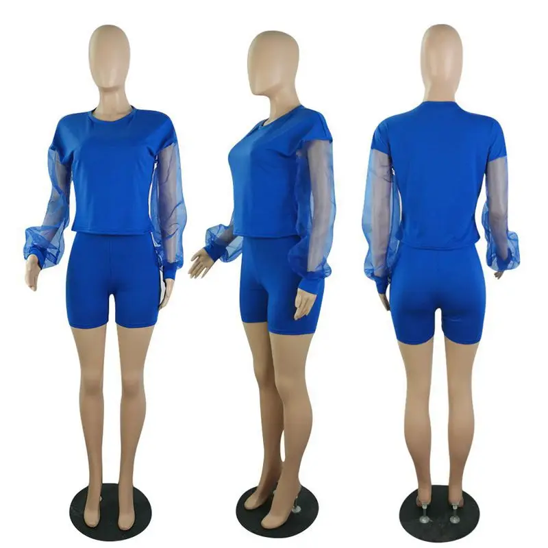

Summer Two Piece Set Women Solid Mesh Sleeve T-shirt Crop Top & Biker Shorts Matching Sets Club Outfits Lounge Wear Streetwear