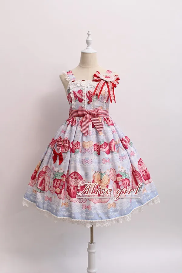 Крем и клубника~ сладкий Лолита печатных JSK платье w. Значок от Alice Girl~ предварительный заказ