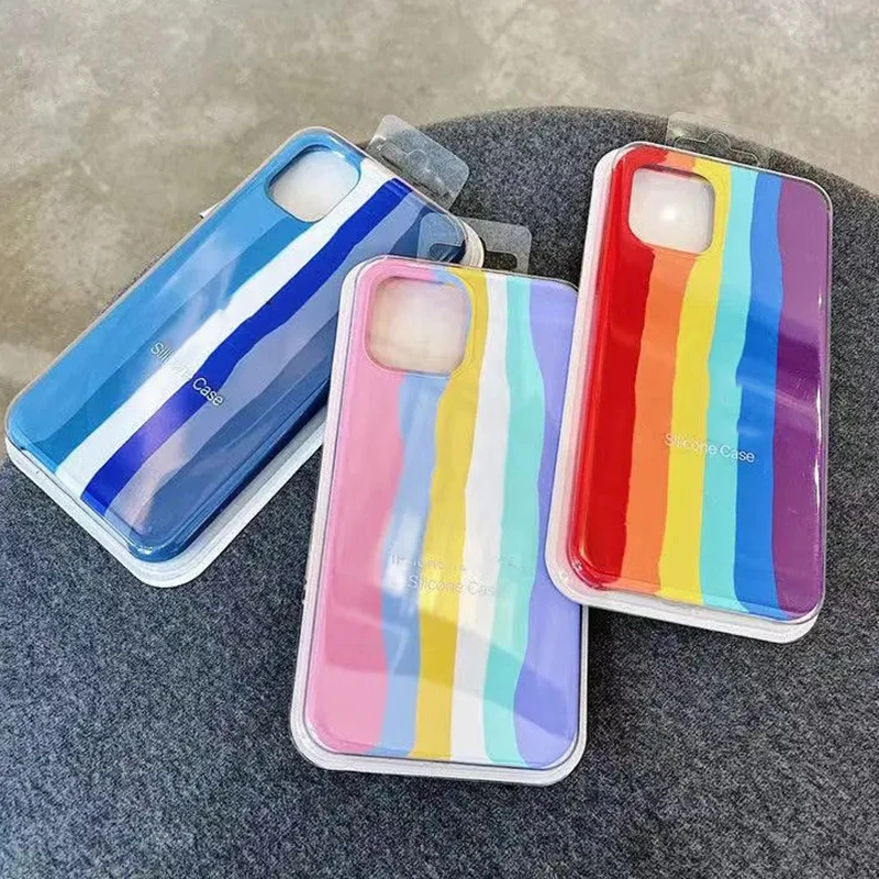 

Original Rainbow Color Case for Apple IPhone 13 12 Pro Max 11 8 Plus Mini XS MAX XR Brand stripe Silicone Official Logo Cover