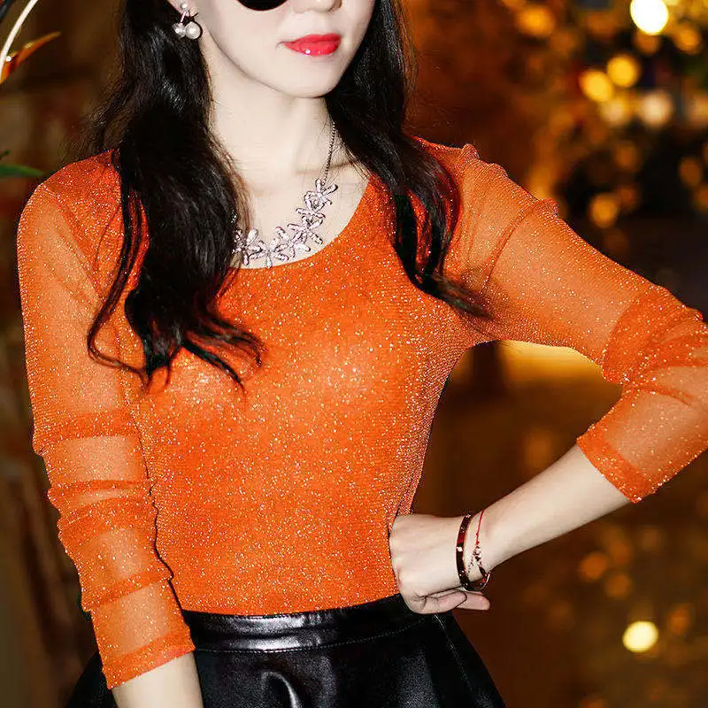 

202 new winter Lace Long Sleeve T-shirt, versatile, slim and slim, high collar, gauze women's wear and velvet bottomed shirt