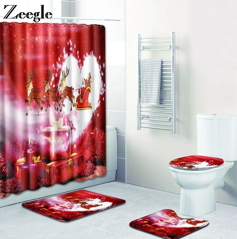 Zeegle Christmas 4pcs Mat Set Bathroom Curtain Anti-slip Toilet Cover Seat Washable Pedestal Rug Absorbent | Дом и сад