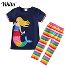 Одежда для девочек VIKITA, летние детские повседневные Костюмы, хлопковая Футболка с рисунком русалки и штаны в радужную полоску, комплекты детской одежды, От 3 до 8 лет