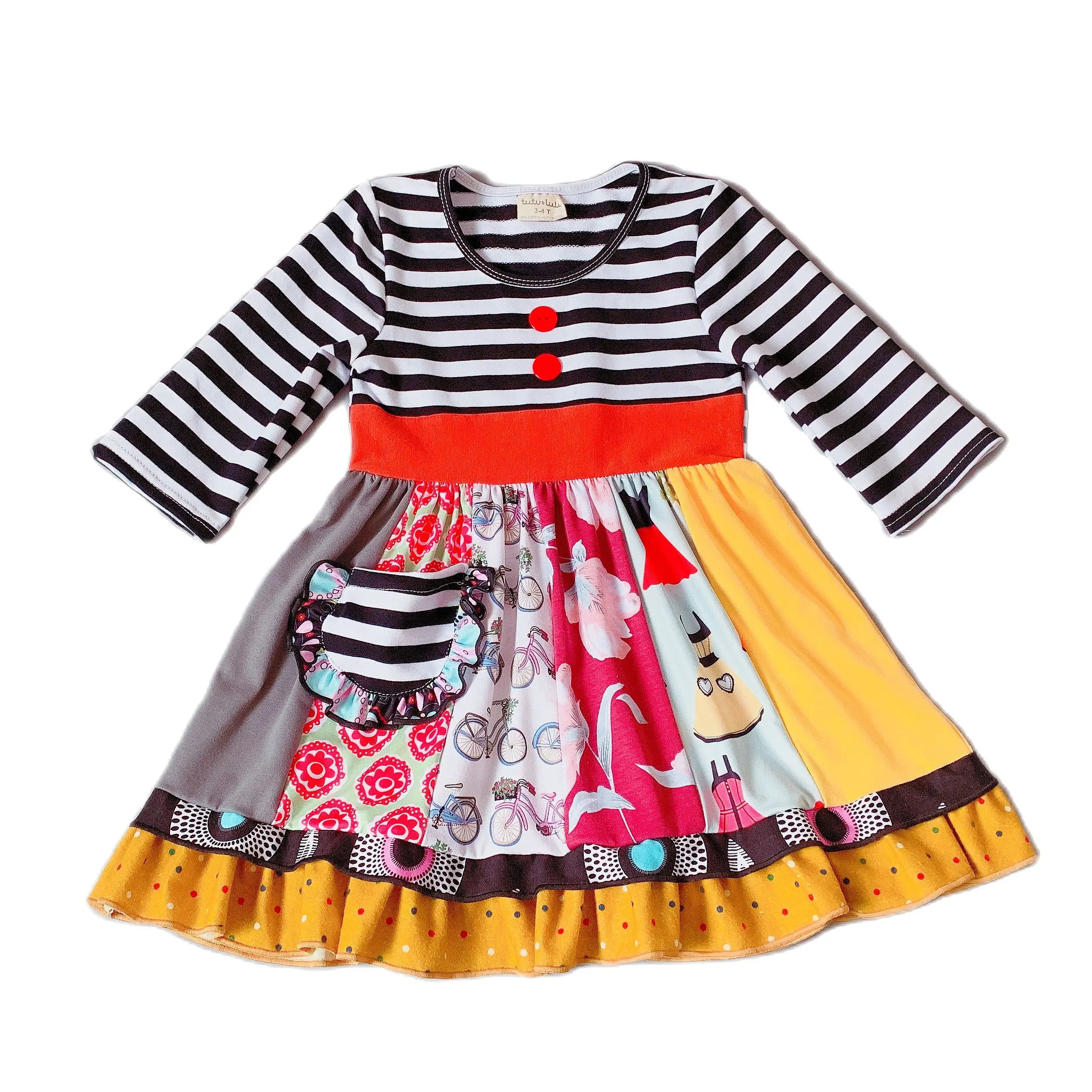 Sping/Winter Thick New Ddesign Black Stripe Ruffle Full Sleeves Style with Flower Trim and Pocket Baby Girls Dress for Present | Детская