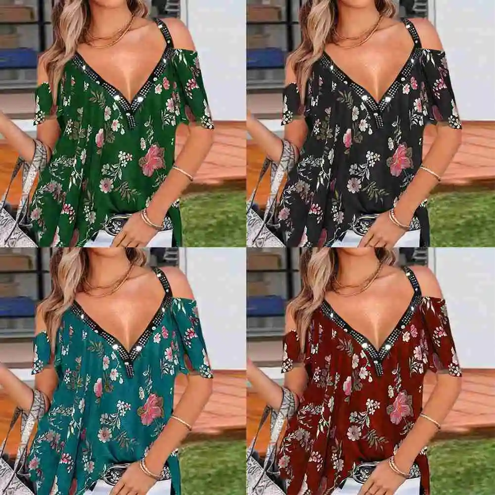

Flowers Print V Neck Elegant Blouse Shirt Women 2021 Summer Strapless Short Sleeve Diamond Tops Femme Summer Blouses T-Shirt