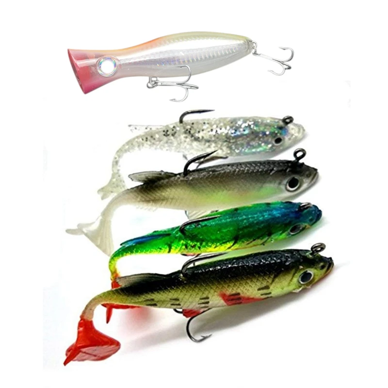 

5 Pcs Fish Lures: 1 Pcs Popper Fishing 12Cm 42G Topwater Hard Lure & 4 Pcs 8Cm 14G Soft Bait Lead Head Sea Fish Lures