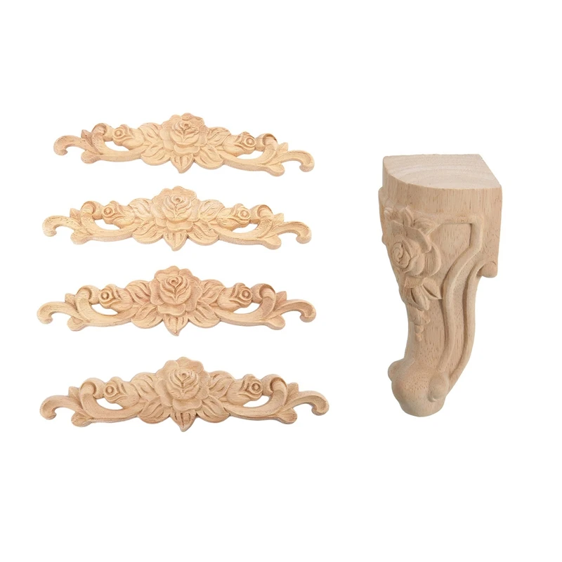 

New 4Pcs 20 x 5cm Rubber Wood Carved Long Onlay Applique Unpainted Rose Flower & 4PCS 10X6cm Wood Carved Furniture Foot Legs