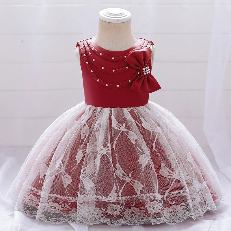 

Toddler Newborn Baptism First 1st Birthday Clothing Baby Girl Clothes Bow Princess Dresses Lace Party Dress Beads Costumes 1-5Y
