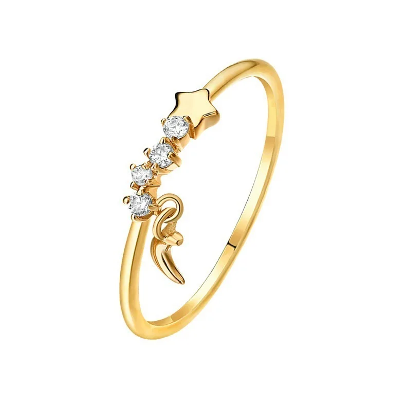 Женское кольцо со звездой и луной Золотое с кристаллом простое изысканное