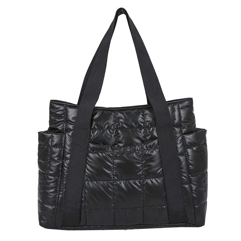 

2021 Large Capacity Black Handbags Designer Casual Solid Nylon Cotton Warm Tote Space Down Padded Shoulder Bags for Women Winter