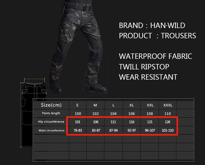 

HANWILD Tactical Pants Hiking Pants Camouflage Military Casual Cargo Pants Waterproof Ripstop Men's Trousers Wear Resistant