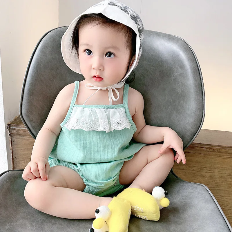 

Summer New Toddler Baby Girl Fashion Lace Cotton Breathable Loose Bodysuits Kid Casual Cute Sleeveless Sling Thin Bodysuit