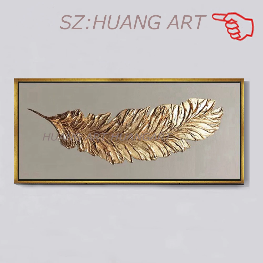 

100% Hand Drawn Abstract Gold Foil Feather Oil Paintings Art Modern Home Wall Decoration Artwork Pieces Painting For Living Room