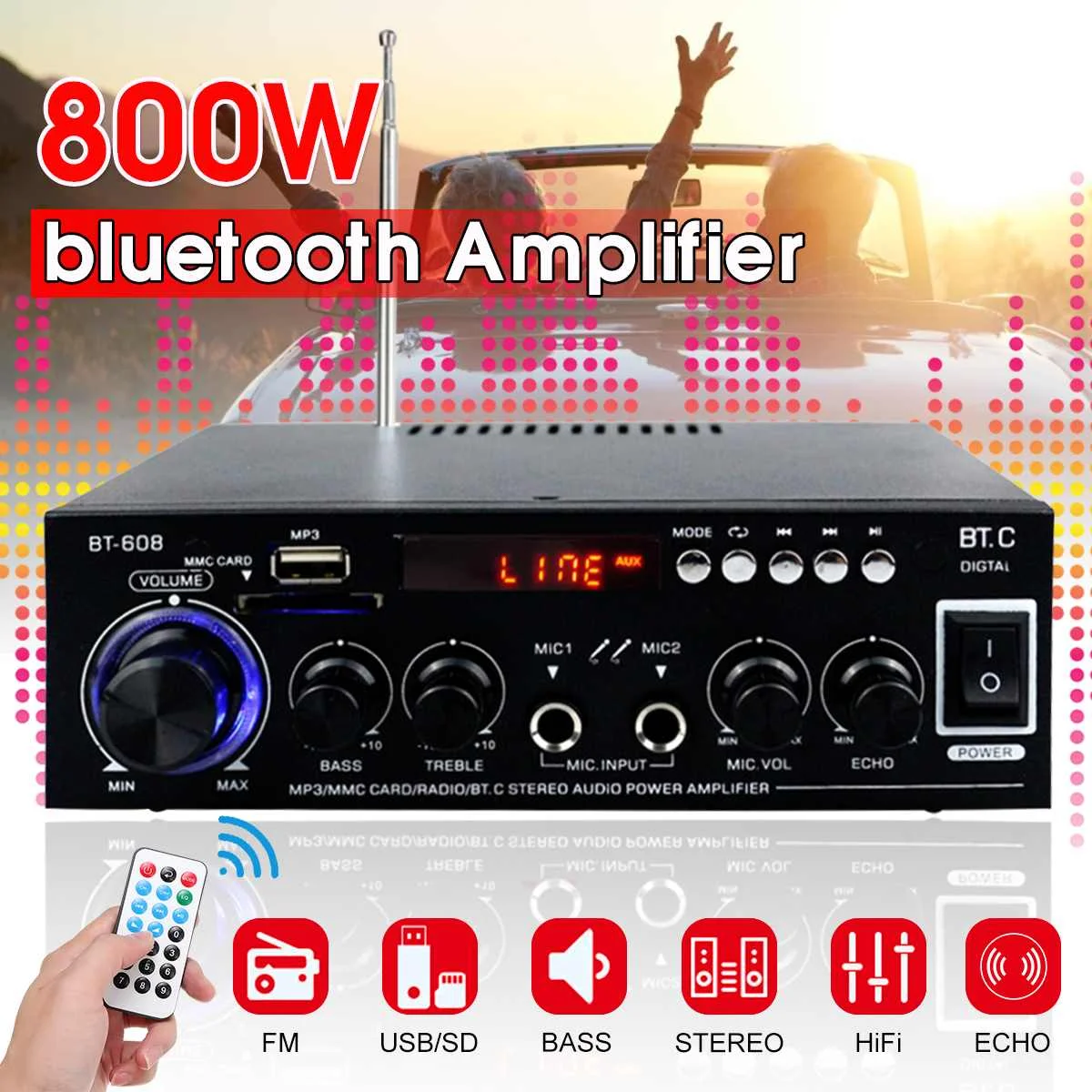 800 Вт HIFI 2CH аудио усилитель мощности 110/220 В домашний кинотеатр звуковая система аудио мини-усилитель FM USB SD bluetooth W/пульт дистанционного управления