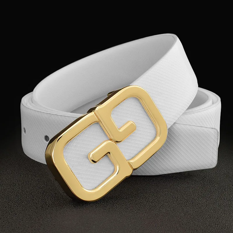

2021 Модный повседневный мужской ремень из натуральной кожи с золотистой пряжкой с надписью GG, белый и черный Высококачественный роскошный б...