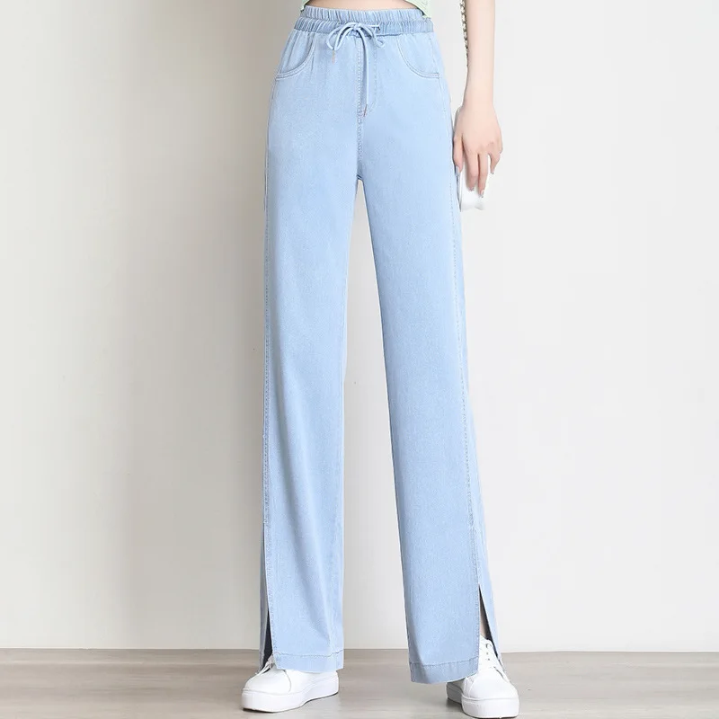 

2021 Summer Women Fashion Straight Jeans Drawstring High Waist Casual Loose Wide Leg Denim Pants Trousers 2142