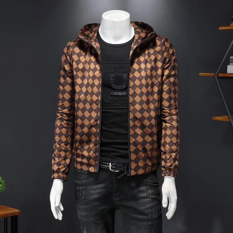 

Trend Brand Fashion Jacket Men Vintage Bomber Jacket Men 2021 New Lattice Printed Hooded Bomber Print Jacket Men Club Outfit Men