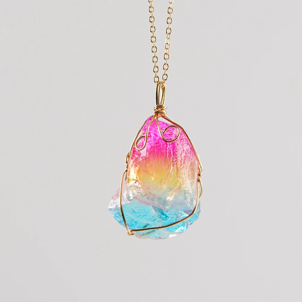 

LeeSell Trendy Alloy Multicolour Natural Rainbow Stone Chain Necklace Rhinestone Quartz Pendant Charms Necklaces Collar Brincos