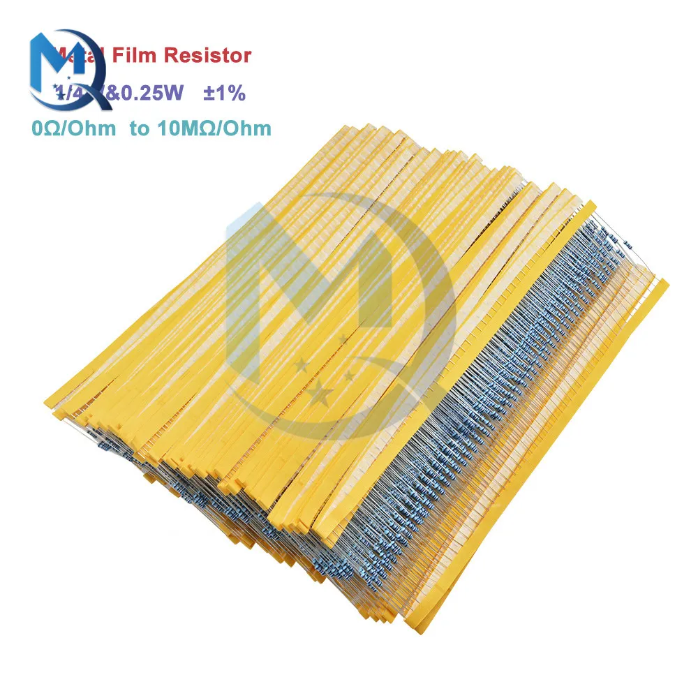 

100Pcs 1/4W 0.25W 1% Metal Film Resistor 0-22M 0R-10M 0Ohm-10Ohm 100R 220R 330R 1K 1.5K 2.2K 3.3K 4.7K 100K 1M 2M ohm Resistance