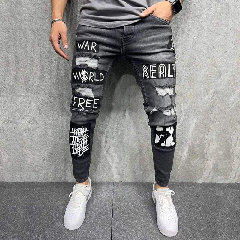 Men Jeans New Patch Embroidered Mens Jeans Slim Black Mens Pants Fashion Trend Casual Hole Denim Jeans for Men