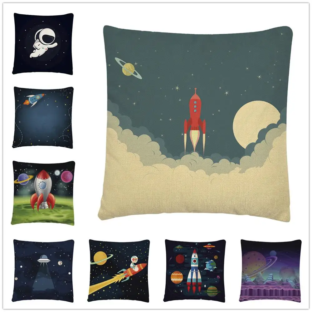 

Simple and cute cartoon rocket pattern Linen Cushion Cover Pillow Case for Home Sofa Car Decor Pillowcase 45X45cm
