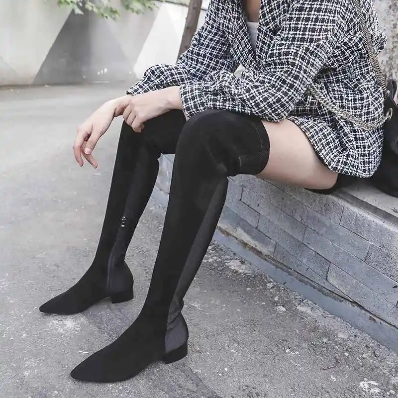 

Lenkisen mixed color fashion side Zipper flock stretch boots pointed toe winter basic keep warm women over-the-knee boots L95