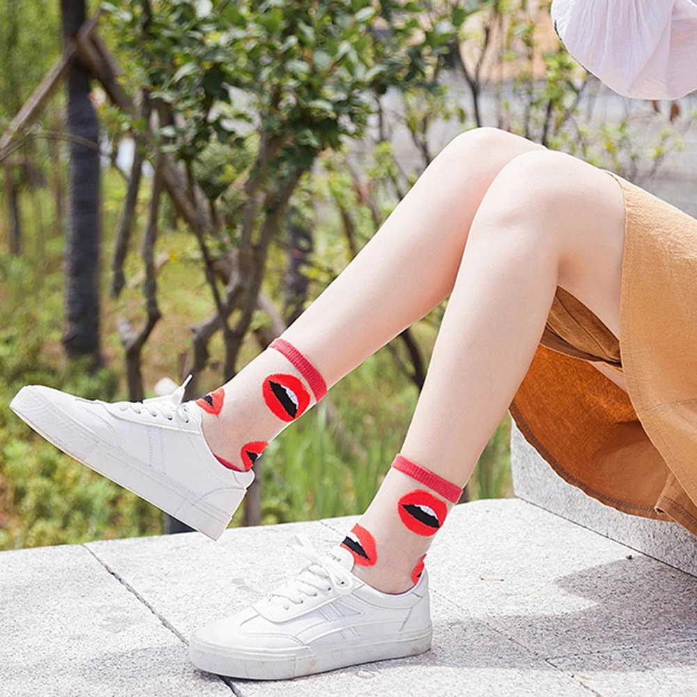Embroidery Clear Socks Transparent Thin Summer Sexy Retro Lace Mesh Women Girl Elastic Red Lip Wave Funny Short Ankle Socks