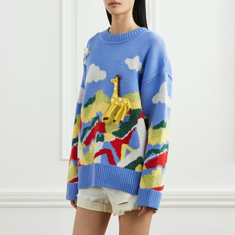 

Женский утепленный жаккардовый свитер, повседневный Свободный пуловер с цветными вставками лошадей, свитер для осени и зимы, 2021