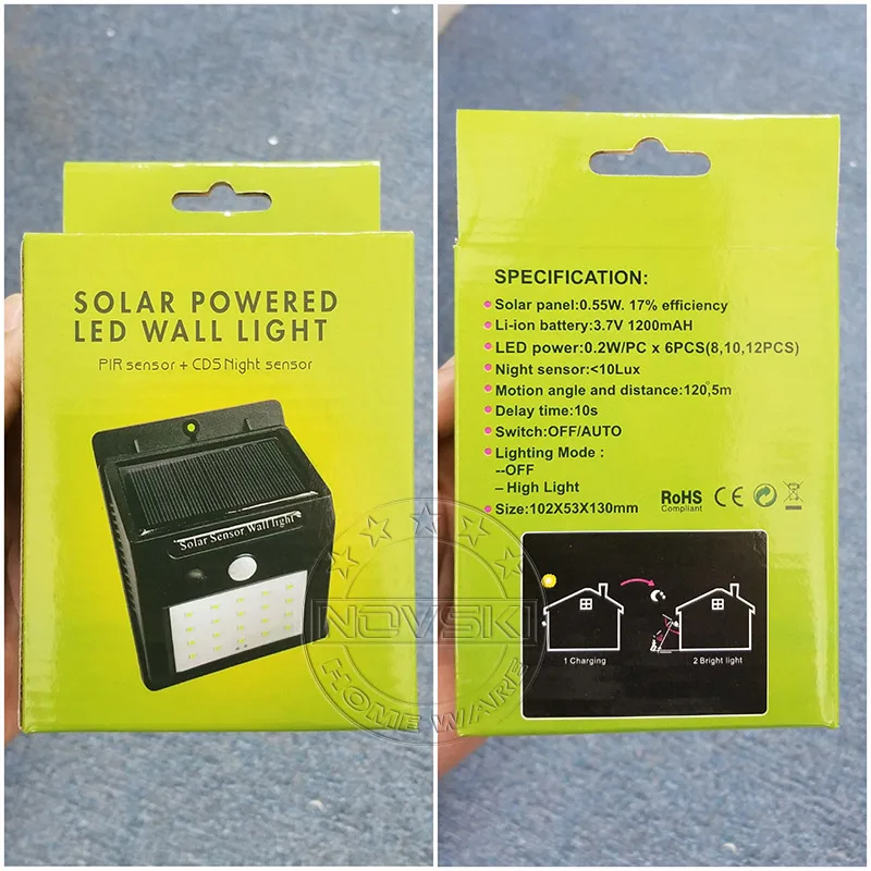 Светодиодный светильник на солнечной батарее с датчиком движения PIR настенный 20