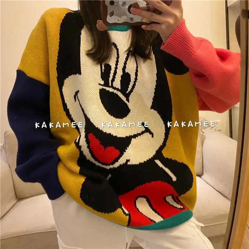 Корейский Осенний Свободный Вязаный топ с Микки Маусом женский свитер средней