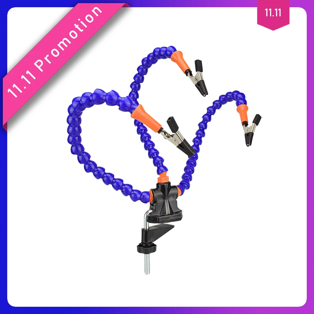 Зажим для верстака с тисковой головкой и паяльной станцией, снабженной трехштыревыми гибкими руками, держателем паяльника, сварочной платой и инструментом для третьей руки.