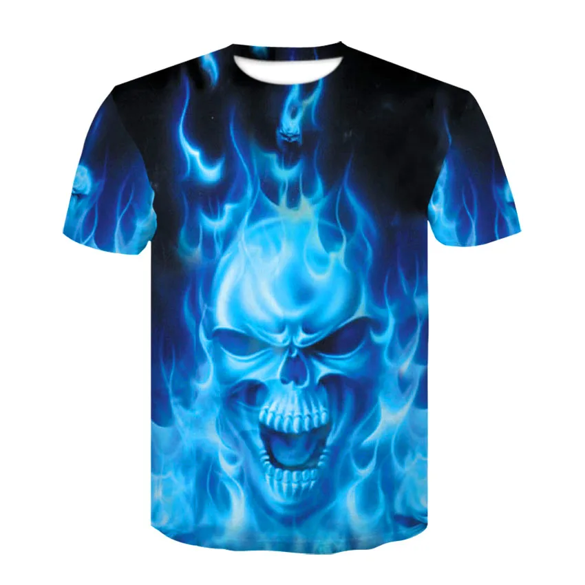 

Mens Skull T shirts Fashion Summer Short Sleeve Ghost Rider Cool T-shirt 3D Blue flame Skull Print Tops Rock Fire Skull Tshirt