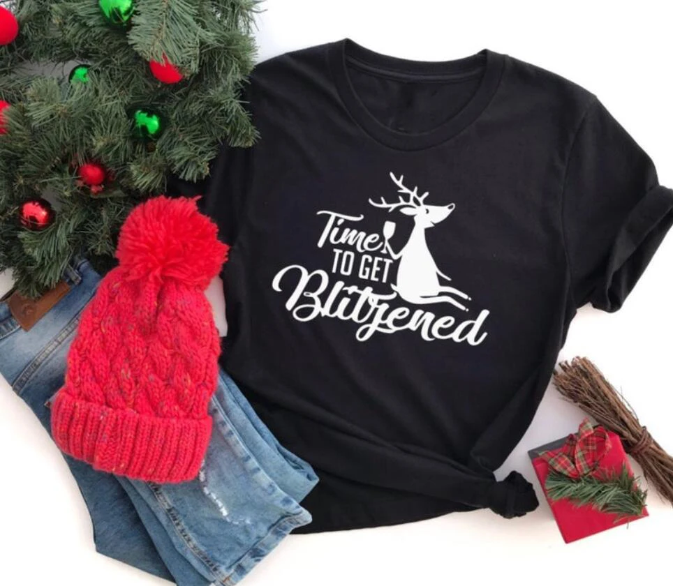 Time to get Blitzened женская футболка Рождественская рубашка милый рисунок оленя топы