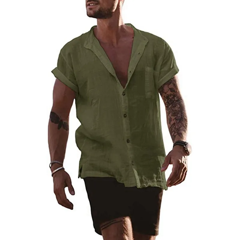 

European And American Spring And Summer New Men's Wear, Comfortable Breathable Pure Color Cotton And Linen Shirt, Loose-Fitting
