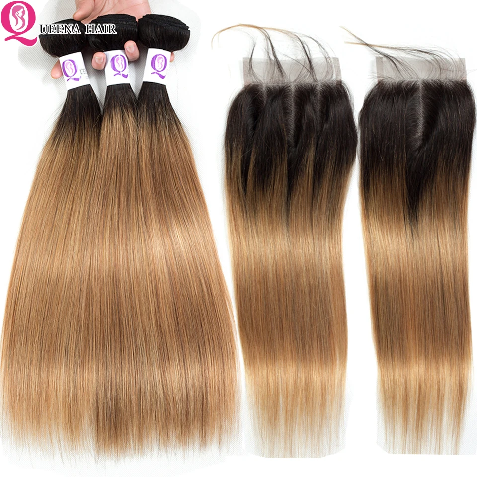 Ombre Bundles with Closure Frontal 1B/27 Blonde Straight Human Hair With Peruvian 3/4 | Шиньоны и парики