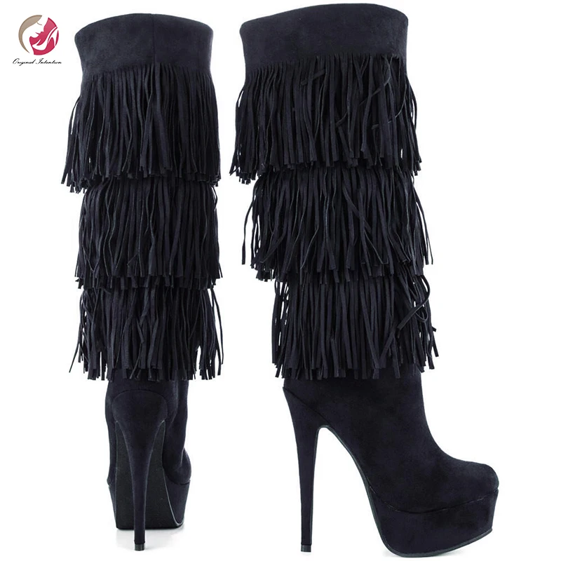 

Original Intention Winter New Knee High Multilayer Tassels Black Boots Woman High Platform Super High Heels Sexy Female Shoes