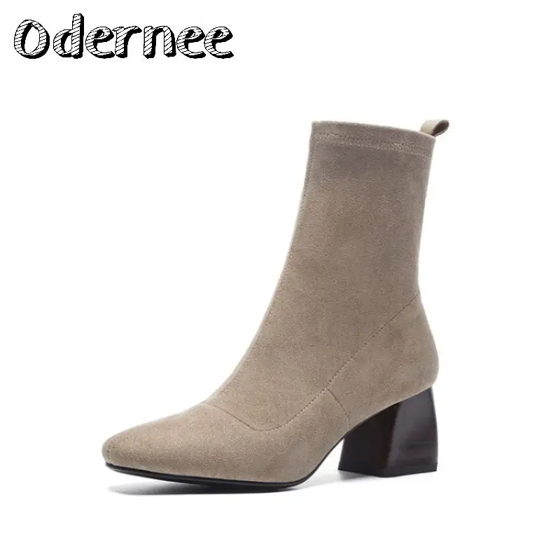 

ODERNEE Women Boots British Style Flock Velvet Stretch Boots Casual Fashion Internal Leather European And American All Match