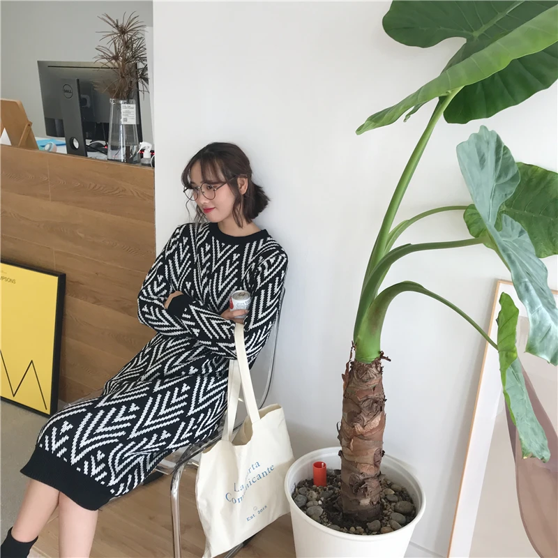 Свободное однотонное осеннее теплое платье-свитер YAMDI новинка 2020 зимние