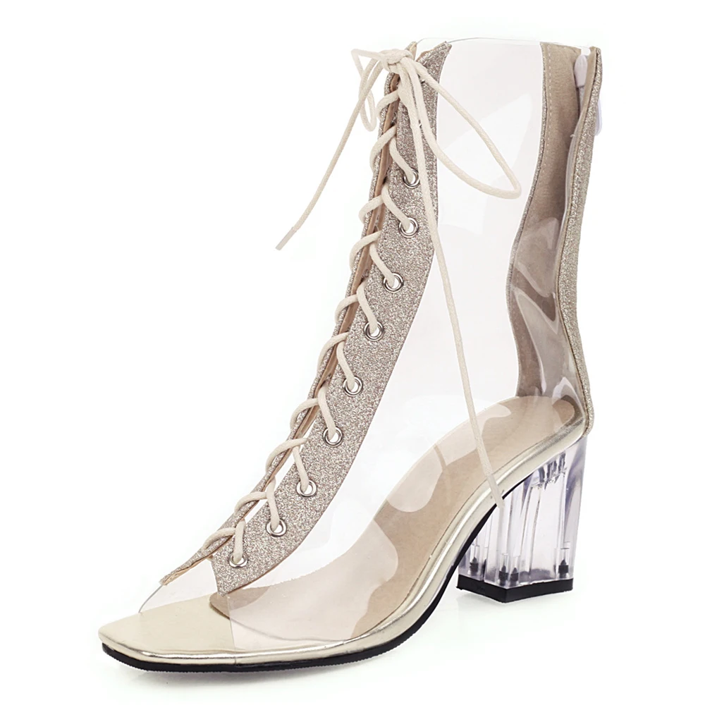 2021 Summer Peep toe Boots Women's shoes Sandals New Sexy Sliver Fashion Chunky heels Ladylike Black Transparent Party shoes