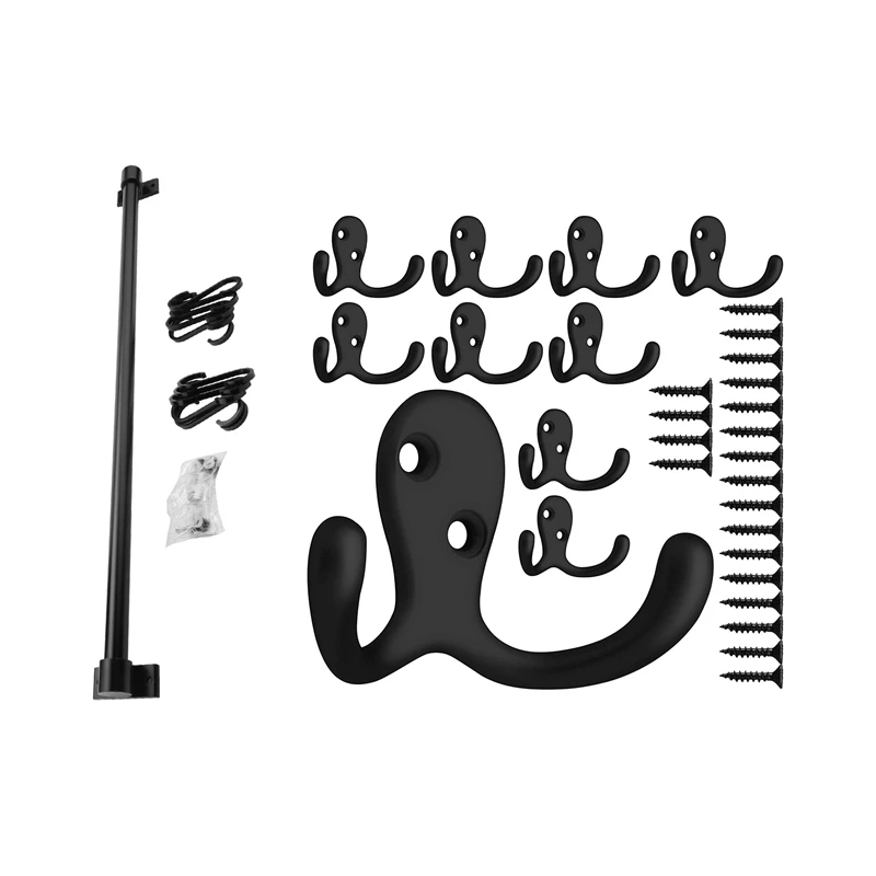 

10 Pcs Heavy Duty Double Prong Coat Hooks with 20 Screws & 1 Set Black 10 Hooks Wall Hanging Rail Rack