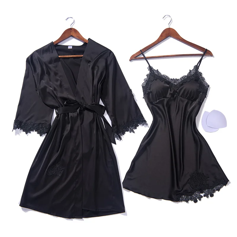 Черный сексуальный женский ночной халат ремень Топ Пижама Костюм летний