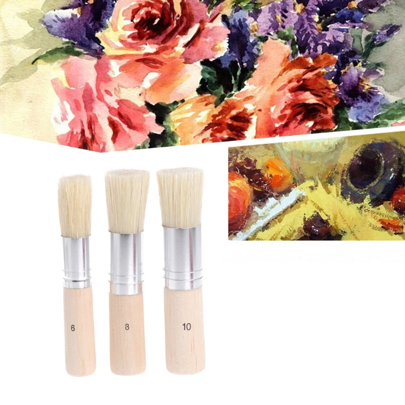 3Pcs Wooden Stencil Brush Bristle Brushes Acrylic Watercolor Oil Painting D0AC