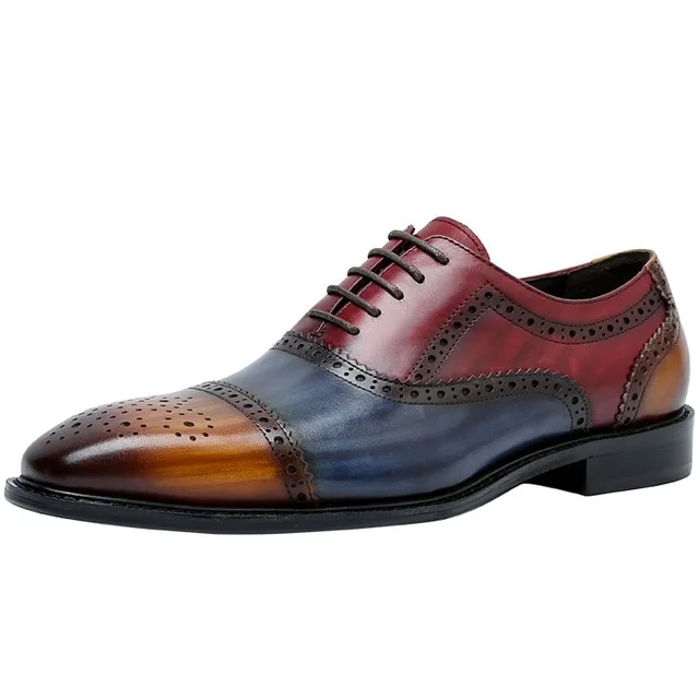 

Mixed Color Men Genuine Wingtip Leather Oxford Shoes Pointed Toe Laces Up Oxfords Dress Brogues Wedding Business Platform Shoes
