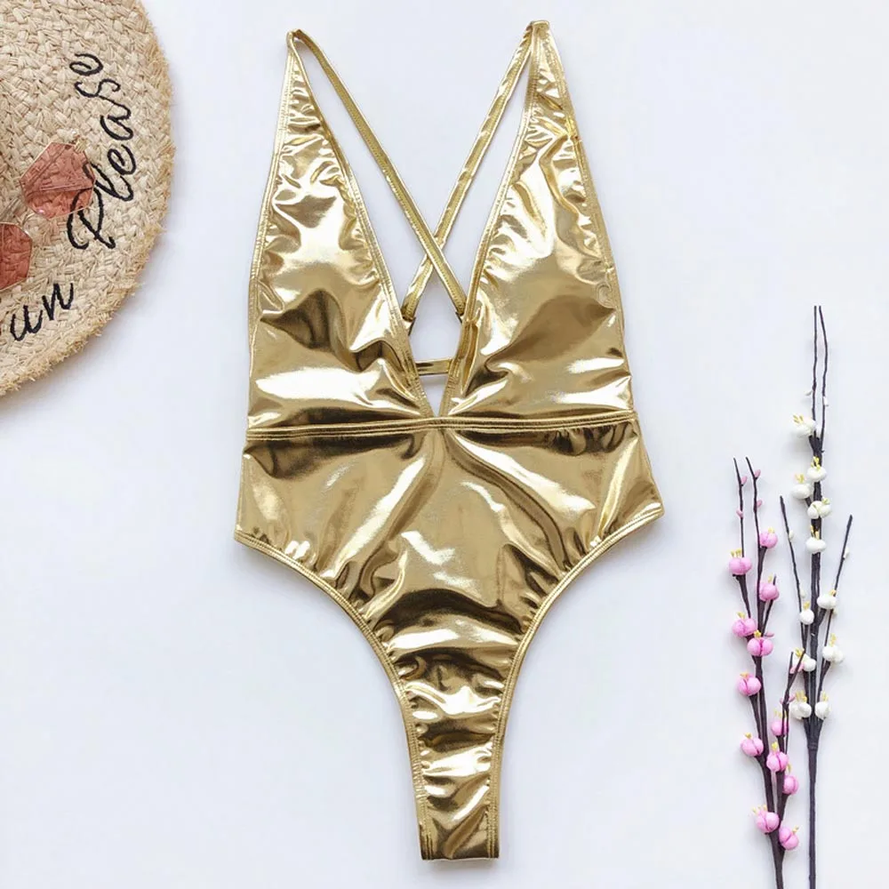 Сексуальный женский слитный купальник из искусственной кожи с глубоким